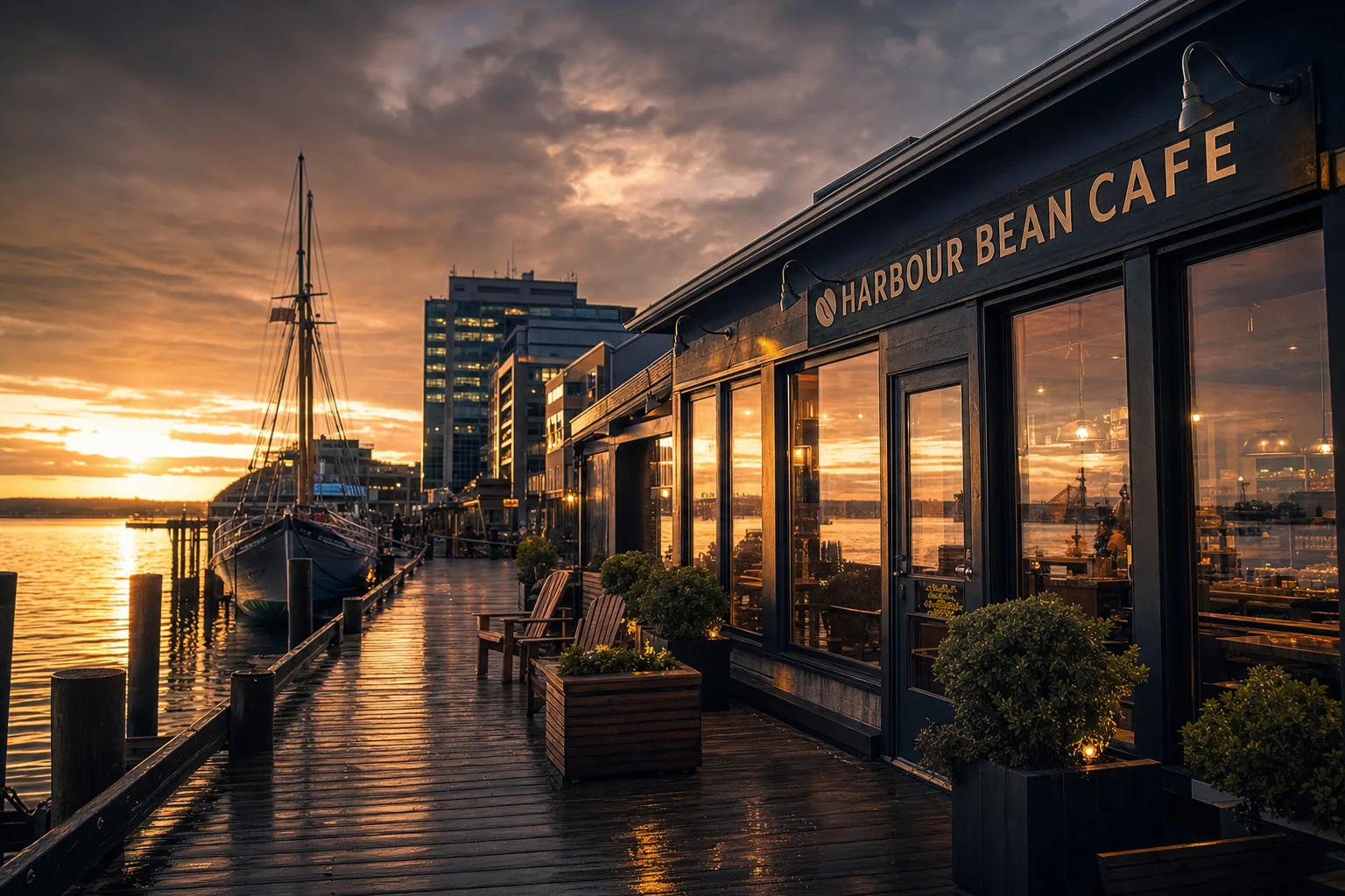 Dramatic golden-hour view of a glowing waterfront café on the Halifax boardwalk