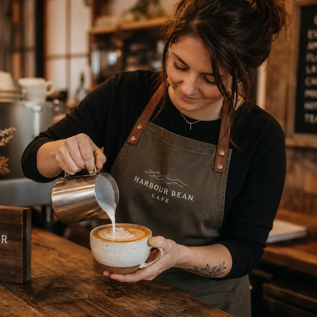Barista pouring latte art at a wooden counter