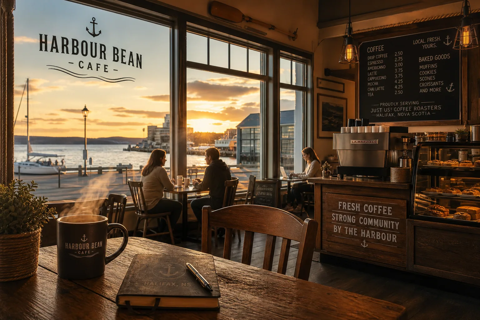 Warm sunlit café interior overlooking Halifax Harbour
